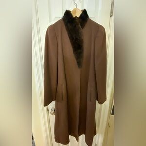 Alorna Womens Super Fina Brown Wool with Mink trim. Full Length Coat. Sz 12/44